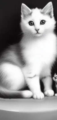 This stunning phone live wallpaper features an adorable black and white photograph of a white cat and kitten, transformed into an airbrushed painting for an extra touch of whimsy