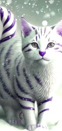 This live wallpaper features a white cat with purple stripes standing in the snow, rendered with liquid purple metal for a futuristic vibe