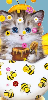 Looking for a cute live wallpaper for your phone? Look no further than this cat in a teacup with bees design! The artwork features furry textures and is an airbrush painting that will make your phone stand out from the crowd