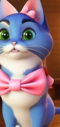 This stunning live wallpaper features a realistic and detailed raytraced image of a white and blue cat with piercing blue eyes adorned with a cute pink bow tie
