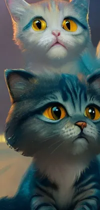 This live wallpaper shows two cats sitting on top of each other in a stunning digital painting