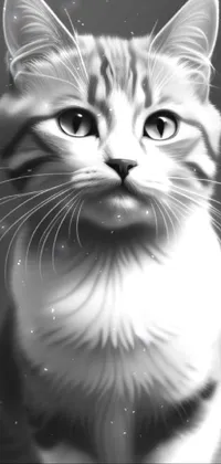 This live wallpaper for your phone showcases a stunning black-and-white photograph of a cat