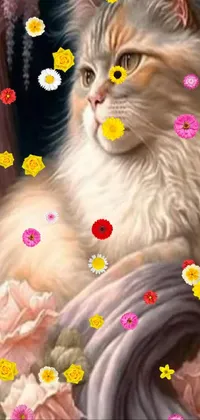 This mobile live wallpaper features a detailed painting of a graceful cat positioned on a windowsill, surrounded by a bed of roses