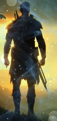 This live wallpaper showcases a stunning warrior with a sword, standing on top of a mountain, with a majestic banner in the background