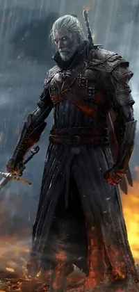 This live wallpaper depicts a lone warrior standing in the rain, holding a sword and prepared for battle