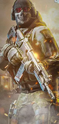 This mobile wallpaper is a detailed digital rendering of a close-up of an individual holding a gun, with a corner assault rifle in the shot
