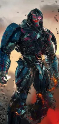 Enhance your phone's look with this live wallpaper featuring a colorful muscular robot set against a roaring fire