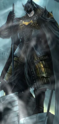 This phone live wallpaper depicts a medieval knight in armor holding a sword, with a dark fantasy-themed color scheme