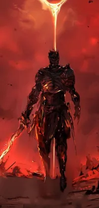 This animated phone wallpaper showcases a sinister knight standing on barren soil with a glowing sword