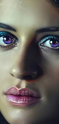 This phone live wallpaper showcases a beautiful portrait of a woman with striking blue eyes