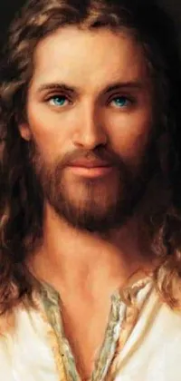 This beautiful phone live wallpaper features a high-quality, realistic portrait of Jesus with long hair and blue eyes