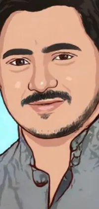 This phone live wallpaper showcases a stunning digital portrait of a man with a striking mustache in a unique cartoon style