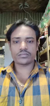 This live wallpaper showcases a man wearing a yellow and blue checkered shirt in a portrait photo profile picture