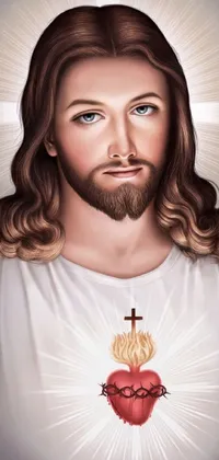 This live wallpaper depicts a stunning religious airbrush painting of Jesus holding a Sacred Heart