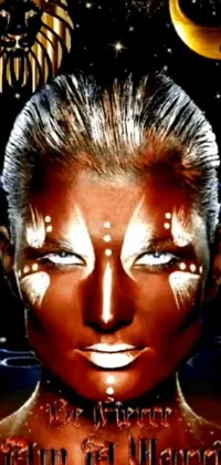 This phone live wallpaper features a close-up shot of a person sporting elaborate makeup and an airbrushed painting, inspired by futuristic African themes and a warrior goddess motif