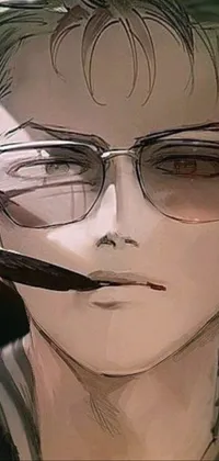 This unique phone live wallpaper features a character portrait of a young man with emerald hair and eyeglasses smoking a cigarette