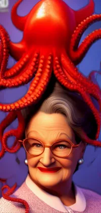 This phone live wallpaper features a quirky woman wearing an octopus hat with playful animation that makes her face move and the tentacles on her head wriggle