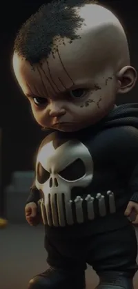This phone live wallpaper features a high-resolution digital rendering of a small child wearing a skull on their head, which creates a dramatic and striking contrast against the background of your device