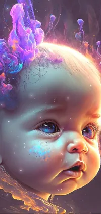 This phone live wallpaper showcases a surreal digital art illustration of a baby that emits blue smoke