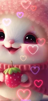 This mobile live wallpaper showcases a stuffed animal holding a strawberry