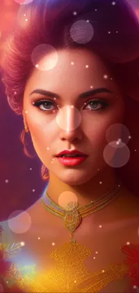 This phone live wallpaper showcases a digital painting of an elegantly adorned woman with a striking necklace