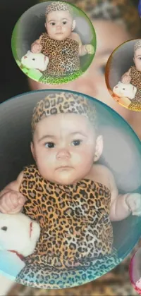 This dynamic live wallpaper features an adorable baby in a leopard print outfit holding a teddy bear, surrounded by colorful water bubbles in a digital art 3D-effect background