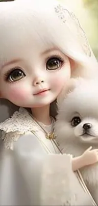 This live wallpaper for your phone showcases a stunning picture of a 3D anime girl holding a small white dog by her side