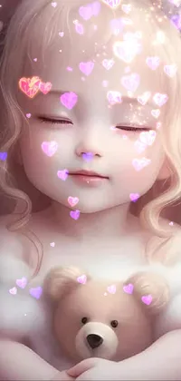 This phone wallpaper depicts a digital painting of a little girl laying down with her teddy bear in a fantasy world