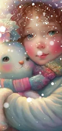 This stunning live wallpaper features an ultra-realistic, pastel painting of a little girl embracing a snowman while a sweet bunny girl looks on in the background