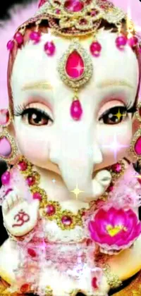 This live wallpaper depicts a stunning close-up of an elephant statue surrounded by lotus flowers and held by a beautiful goddess in a pastel color palette of white and pink