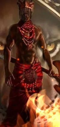 This live phone wallpaper showcases an image of a man standing courageously in front of a lion, reflecting afrofuturism while displaying traditional Yoruba body paint