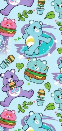 This live wallpaper showcases a charming scene of cheerful bears enjoying a delicious feast on a serene blue background