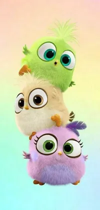 This lively phone live wallpaper features a cheerful group of birds perched atop one another and a fluffy owl, all designed in three eye-catching colors
