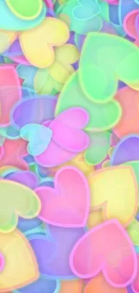 This live wallpaper features a lively and playful design with a bunch of hearts in different sizes and colors floating around a colorful and abstract background, perfect for adding a touch of whimsy to your phone