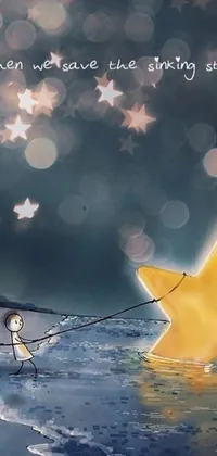 This stunning live wallpaper features a group of people on a beach at night pulling a shiny star by ropes