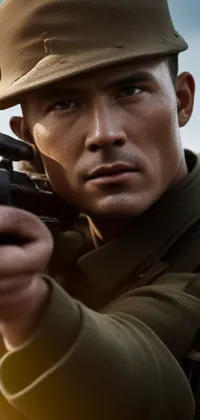 This digital art live wallpaper for your phone depicts a close-up view of a military uniformed man holding a gun in low sun