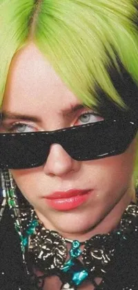 This phone live wallpaper displays a close-up of an enigmatic individual with luminous green hair, inspired by pop art