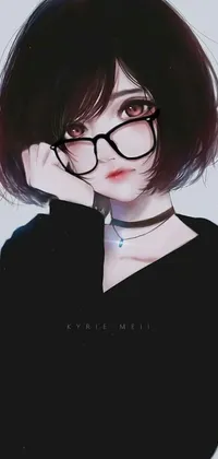Indulge your love for anime with this captivating phone live wallpaper featuring a close-up of a cute girl donning glasses and short black hair