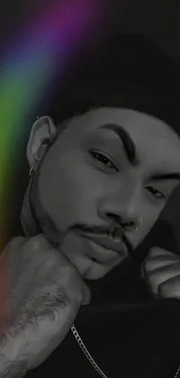 This phone live wallpaper showcases a black and white photo of a handsome hip-hop young man against a mesmerizing rainbow background