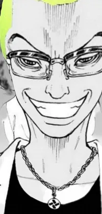 This live wallpaper for smartphones features a manga drawing of a person wearing glasses with a sharp-toothed smile and an elongated head shape