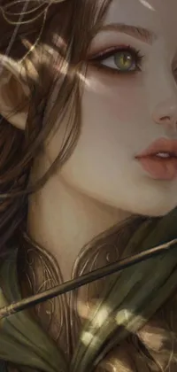 This fantasy-themed live wallpaper features a close-up of a determined woman armed with a bow and arrow