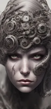 This phone live wallpaper features a close-up of a person wearing a headdress adorned with futuristic elements including wires, circuit boards and glowing orbs