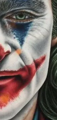This live wallpaper showcases an ultra-realistic image of a clown makeup, inspired by the Joker in the 2019 movie