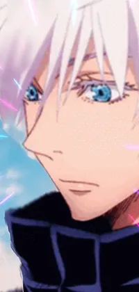 This phone live wallpaper focuses on a striking persona with white hair and blue eyes, a clear nod to anime aesthetics