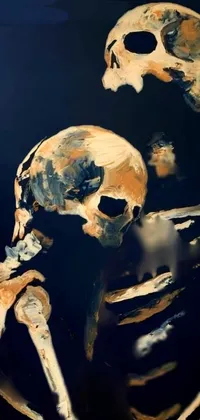 This phone live wallpaper showcases a stunning acrylic painting of two skeletons locked in an embrace of affection, with an inspiration from Théodore Géricault figurative art