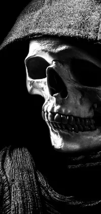 This stunning <a href="/">live phone wallpaper</a> features a high-resolution black and white portrait of a hoodied skeleton