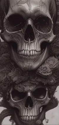 This live wallpaper features a gothic design with two skulls stacked on each other, set against the background of mutated flowers