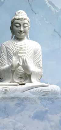 This phone live wallpaper showcases a beautiful, white buddha statue positioned atop a snow-covered mountain