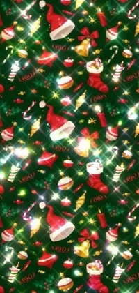 This Christmas phone live wallpaper features a beautiful close-up view of a green and bright red Christmas tree with glittering ornaments
