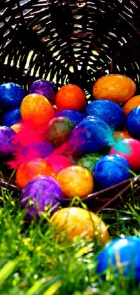 Brighten up your phone screen with this phone live wallpaper featuring a colorful basket bursting with Easter eggs